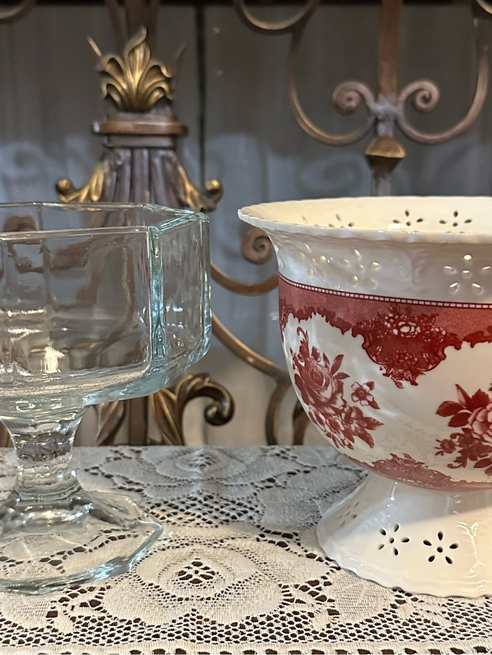 2 Pedestal Floral Decorative FTD Ceramic & Glass Bowl